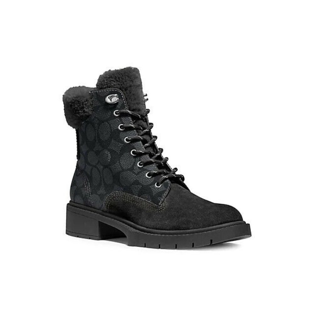 COACH Lorimer Shearling-Trim Canvas Boots in Black